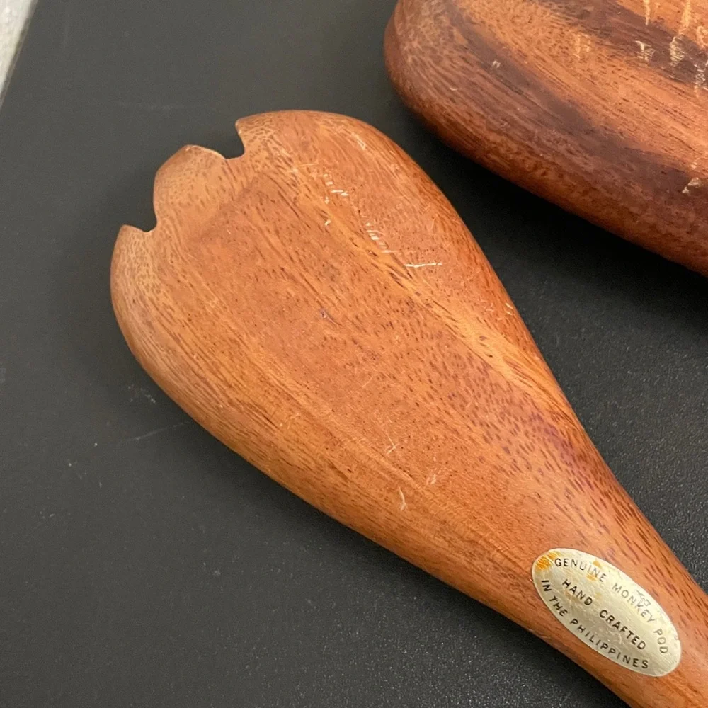 Set of 2 Genuine MONKEY POD Hand Crafted Wood Salad Spoon & Fork Serving Set